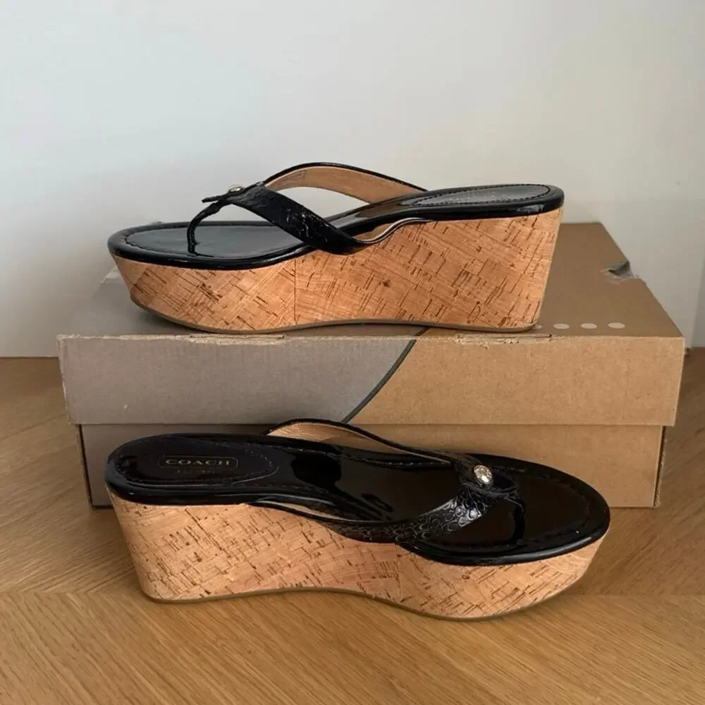 Coach Signature Black Patent Leather Women Wedge Sandals - SZ 8